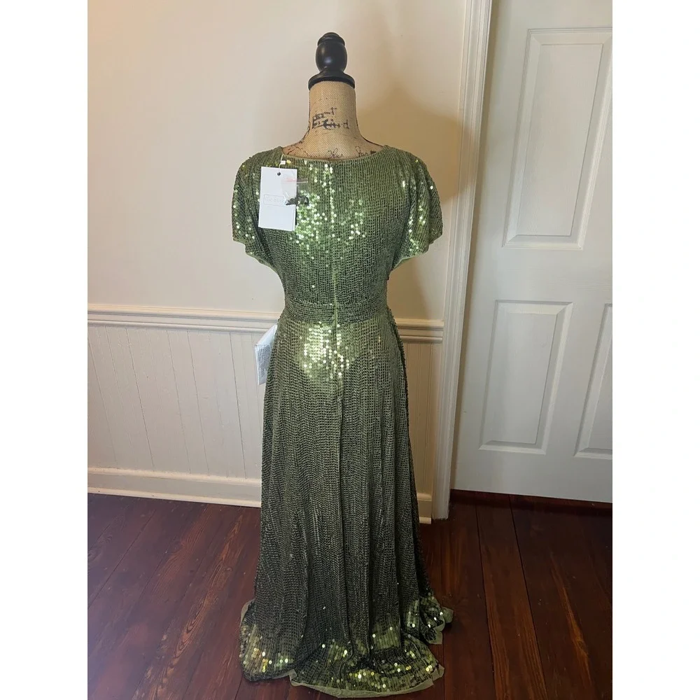 Mac Duggal 10773 size 4 Stunning Olive‎ Green Sequin Wrap Gown Embellished Waist